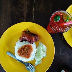 High angle view of breakfast served on table