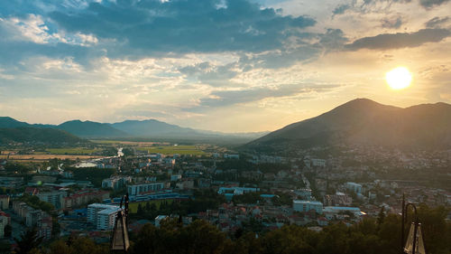 High angle view of townscape against sky during sunset