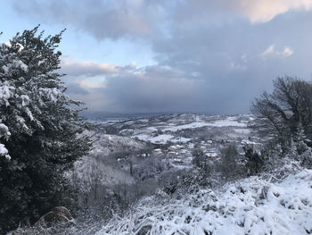 Scenic view of snow covered land against sky