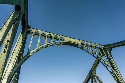 Low angle view of railway bridge against clear blue sky