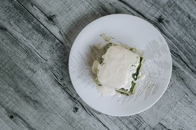 High angle view of food in plate on table