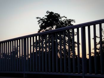 Low angle view of railing by trees against clear sky