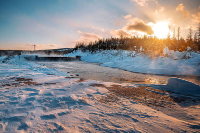 Scenic view of frozen sea against sky during sunset