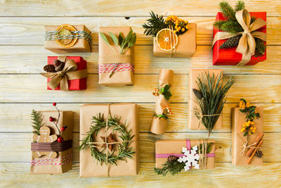 High angle view of christmas decorations on table