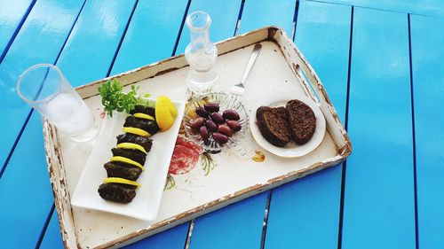 High angle view of food in tray on table