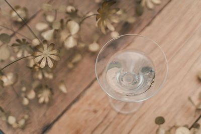 High angle view of wet glass on table