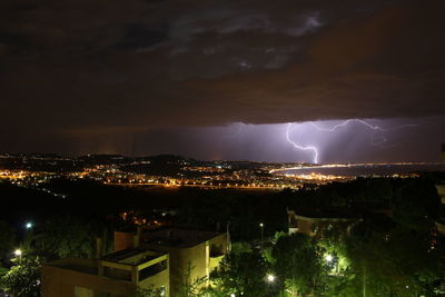 Illuminated cityscape against sky at night