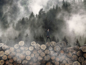 Man standing on log in forest