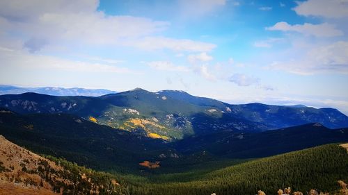 Scenic view of mountains against cloudy sky