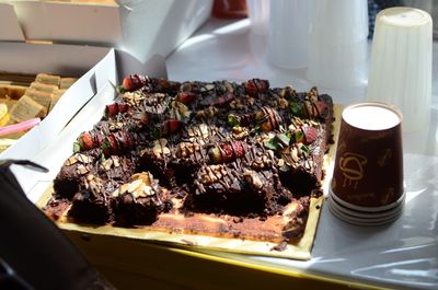 High angle view of cake in plate on table