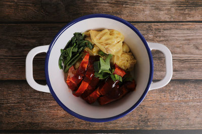 High angle view of meal served on table