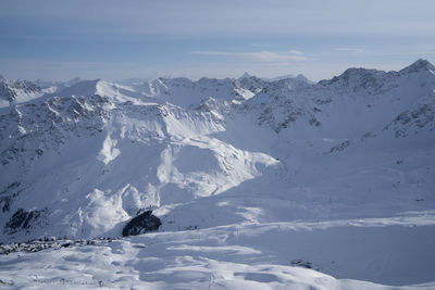 Scenic view of snowcapped mountains against sky