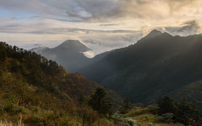 Scenic view of mountain against cloudy sky