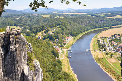 Panoramic view of landscape and river against sky