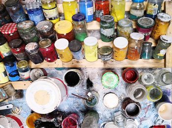 High angle view of multi colored containers