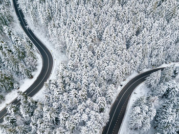 High angle view of snow covered road