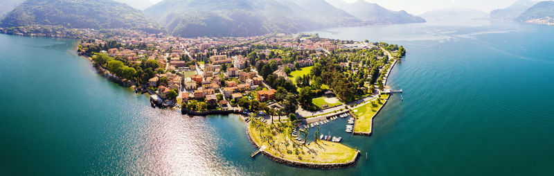 High angle view of townscape by sea