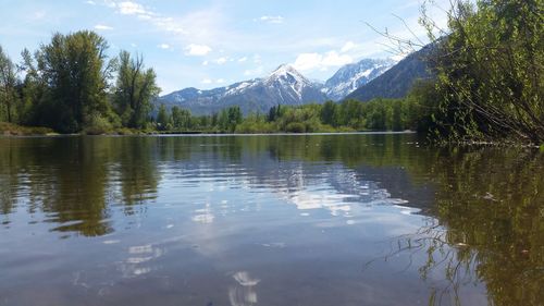 Scenic view of lake and mountains against sky