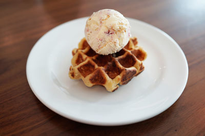 High angle view of dessert in plate on table