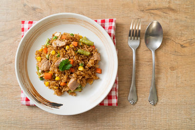 High angle view of food in plate on table