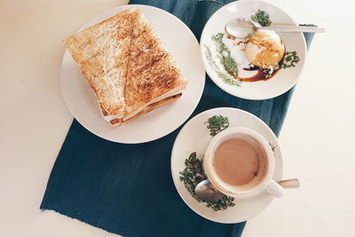 High angle view of breakfast on table