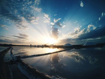 Panoramic view of lake against sky during sunset