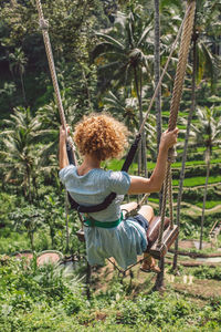 Rear view of woman swinging in forest