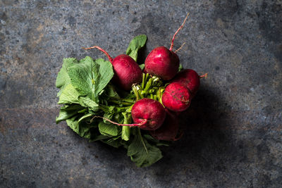 High angle view of strawberries on table