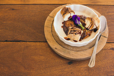 High angle view of food in plate on table