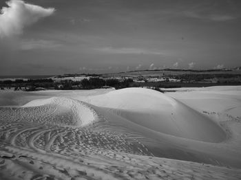 Snow covered land against sky