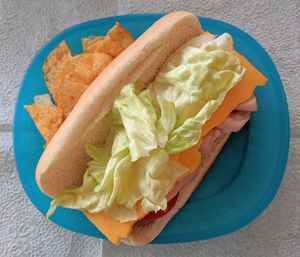 High angle view of breakfast served on table