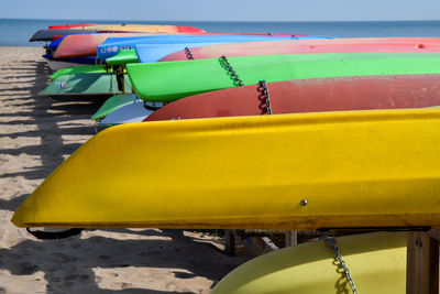 Close-up of yellow boat on beach