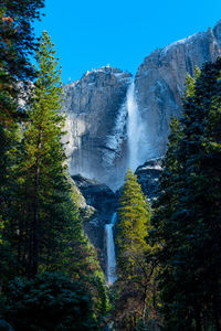 Scenic view of waterfall on mountain against sky