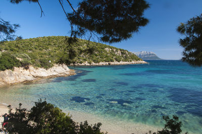 Scenic view of sea against clear blue sky