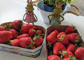 High angle view of strawberries on table