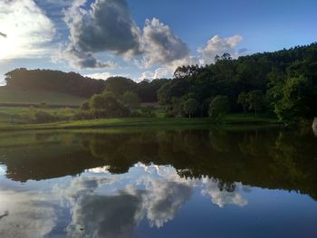 Reflection of trees in lake against sky