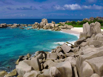 Rocks on shore by sea against sky