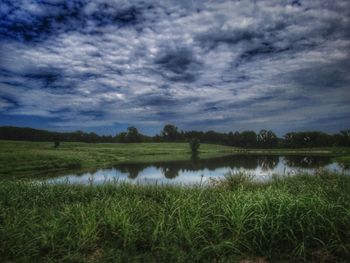 Scenic view of grassy field by lake against sky