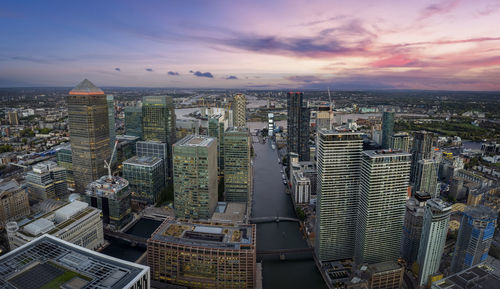 High angle view of cityscape against sky during sunset