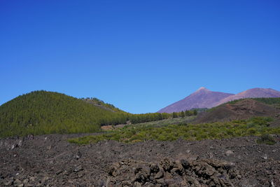 Scenic view of mountains against clear blue sky