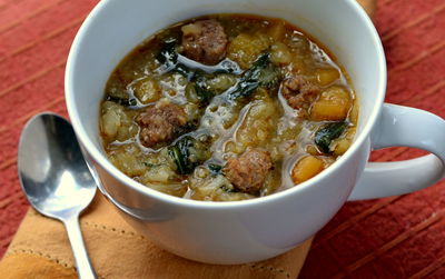 High angle view of soup in bowl on table