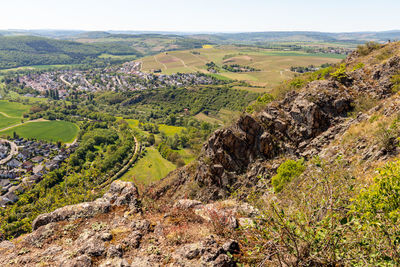 High angle view from the rotenfels of bad muenster am stein ebernburg with rocks in the foreground