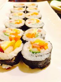 Close-up of sushi served in plate