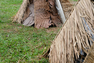 High angle view of hay bales on field