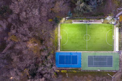 Aerial view of trees by courts