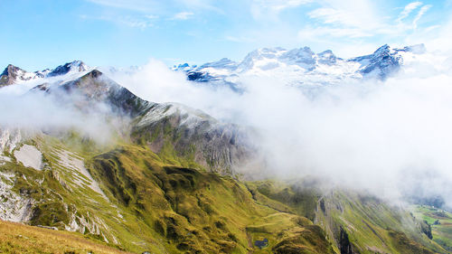 Scenic view of snowcapped mountains against sky