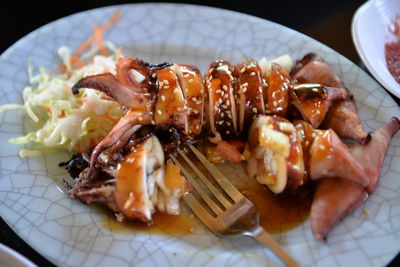 High angle view of seafood in plate on table