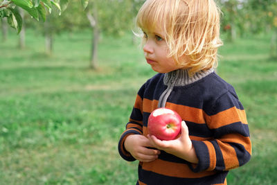 Portrait of boy holding apple