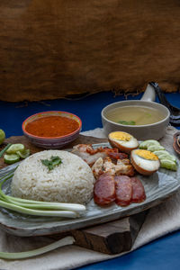 High angle view of food in plate on table