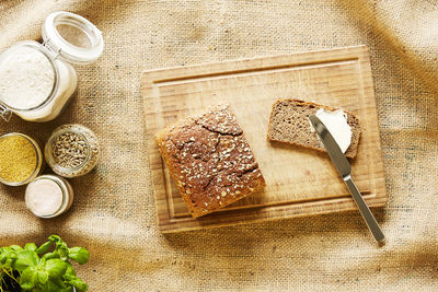 High angle view of breakfast on table